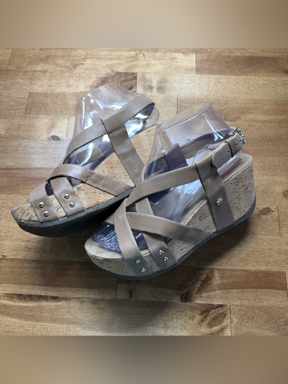 Bussola Formentera Sandals Womens 37 Cork Wedge Strappy Slingback Gray Leather